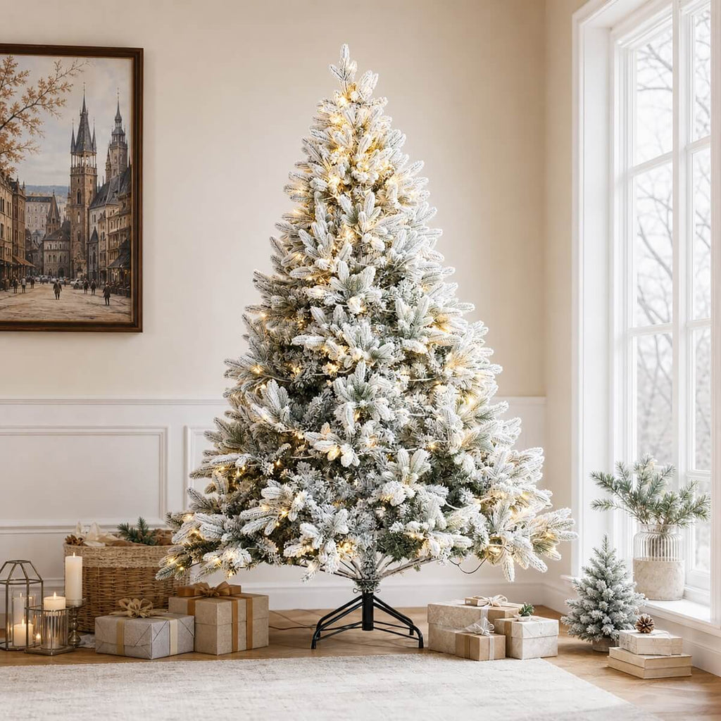 Snow Flocked PE/PVC Pre-Lit Artificial Christmas Tree with Realistic Mixed Foliage, Warm White LED Lights & Metal Stand – 6 FT, 7 FT & 8 FT (PAT-015L) - Direct Wicker