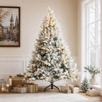 Snow Flocked PE/PVC Pre-Lit Artificial Christmas Tree with Realistic Mixed Foliage, Warm White LED Lights & Metal Stand – 6 FT, 7 FT & 8 FT (PAT-015L) - Direct Wicker