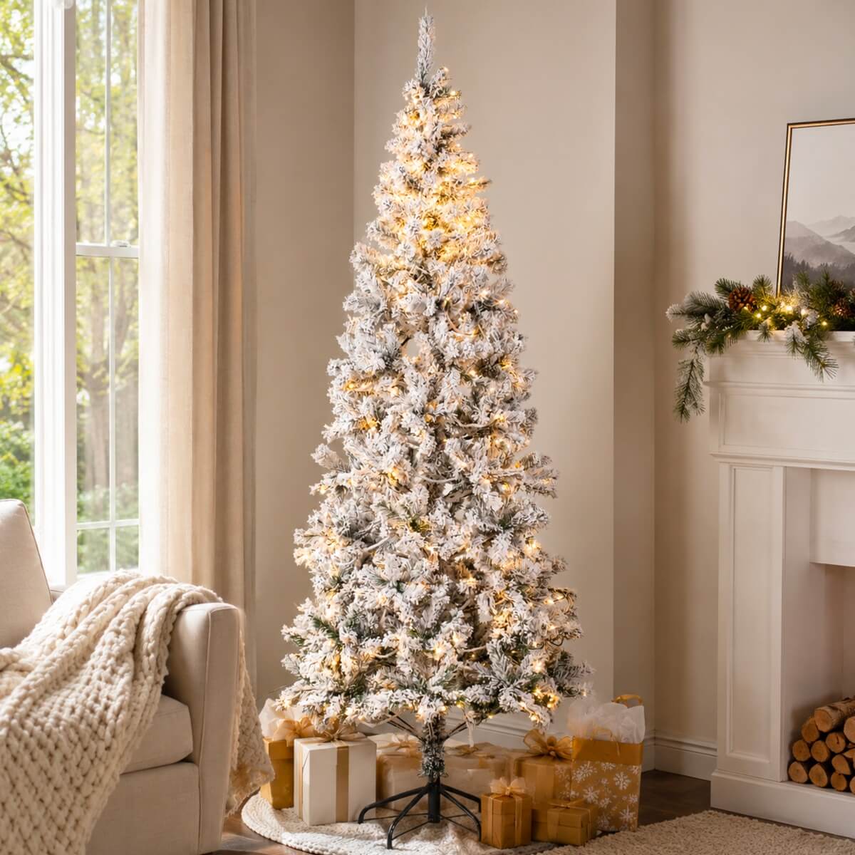 Snow Flocked Pre-Lit Artificial Christmas Tree with Warm White LED Lights, Frosted PVC Branches & Metal Stand – 5 FT, 6 FT & 7 FT (PAT-013L) - Direct Wicker