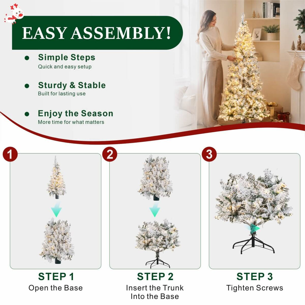 Snow Flocked Pre-Lit Artificial Christmas Tree with Warm White LED Lights, Frosted PVC Branches & Metal Stand – 5 FT, 6 FT & 7 FT (PAT-013L) - Direct Wicker