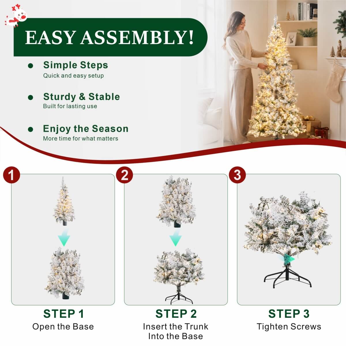 Snow Flocked Pre-Lit Artificial Christmas Tree with Warm White LED Lights, Frosted PVC Branches & Metal Stand – 5 FT, 6 FT & 7 FT (PAT-013L) - Direct Wicker