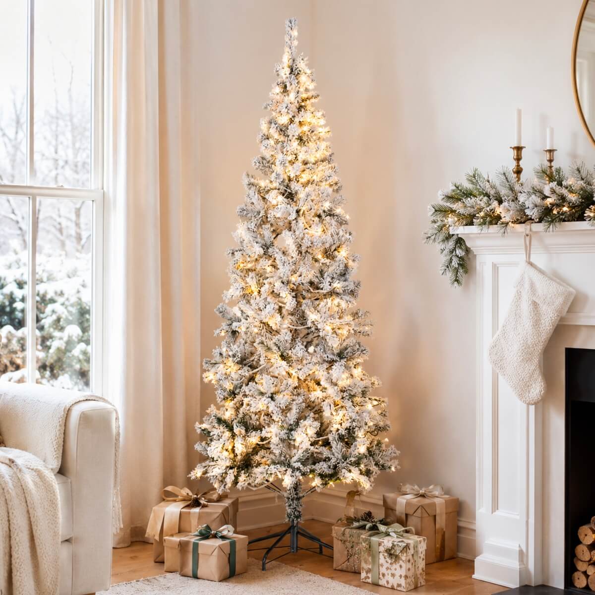Snow Flocked Pre-Lit Artificial Christmas Tree with Warm White LED Lights, Frosted PVC Branches & Metal Stand – 5 FT, 6 FT & 7 FT (PAT-013L) - Direct Wicker