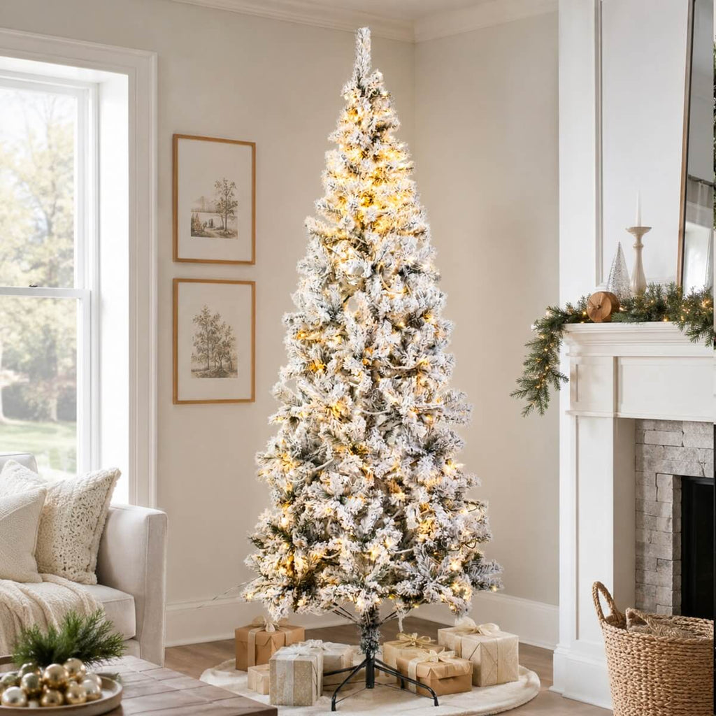 Snow Flocked Pre-Lit Artificial Christmas Tree with Warm White LED Lights, Frosted PVC Branches & Metal Stand – 5 FT, 6 FT & 7 FT (PAT-013L) - Direct Wicker