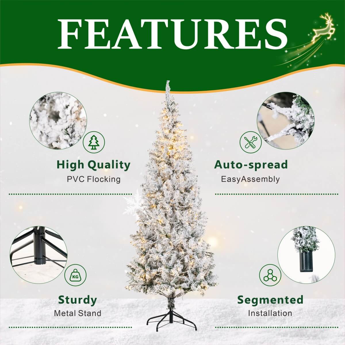 Snow Flocked Pre-Lit Artificial Christmas Tree with Warm White LED Lights, Frosted PVC Branches & Metal Stand – 5 FT, 6 FT & 7 FT (PAT-013L) - Direct Wicker