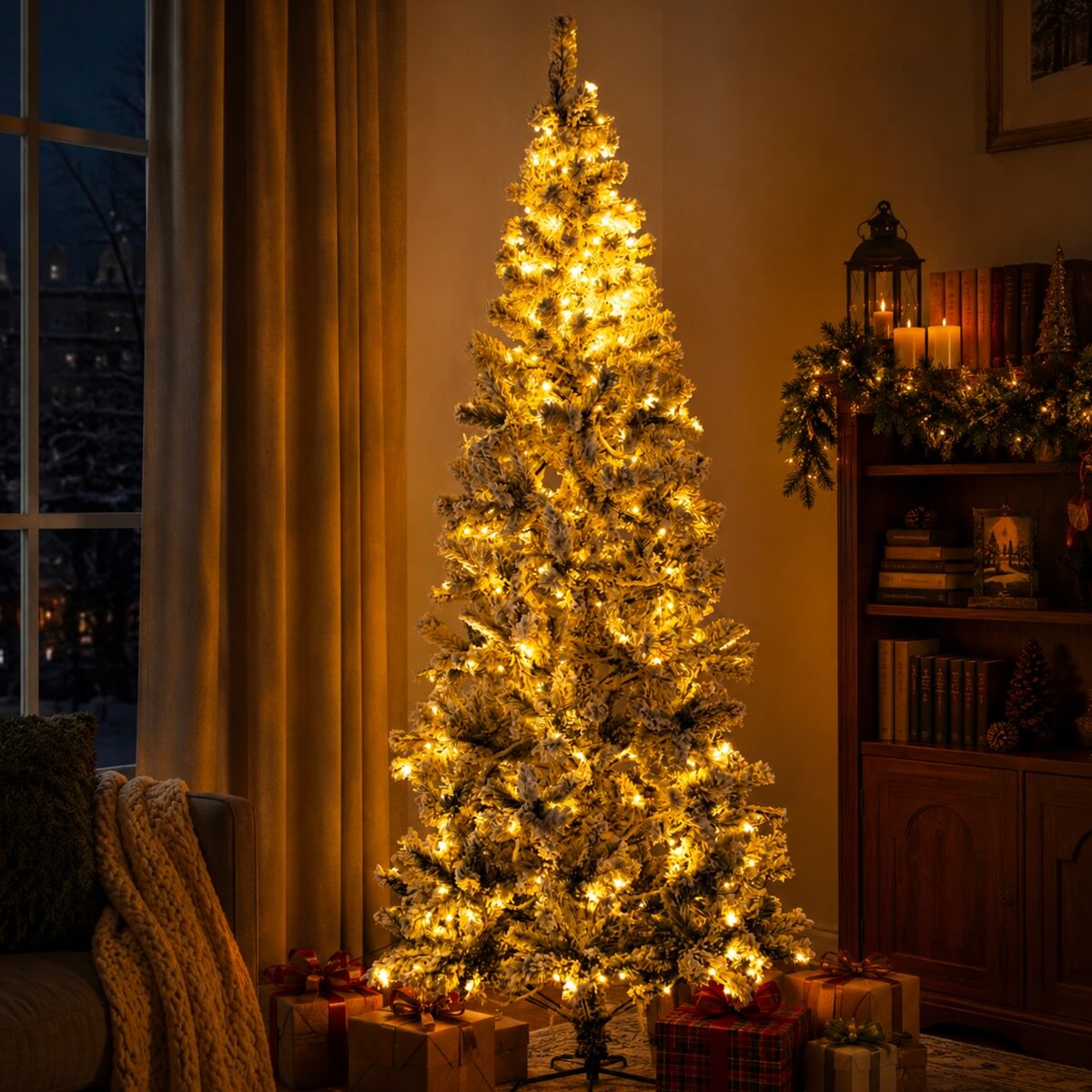 Snow Flocked Pre-Lit Artificial Christmas Tree with Warm White LED Lights, Frosted PVC Branches & Metal Stand – 5 FT, 6 FT & 7 FT (PAT-013L) - Direct Wicker