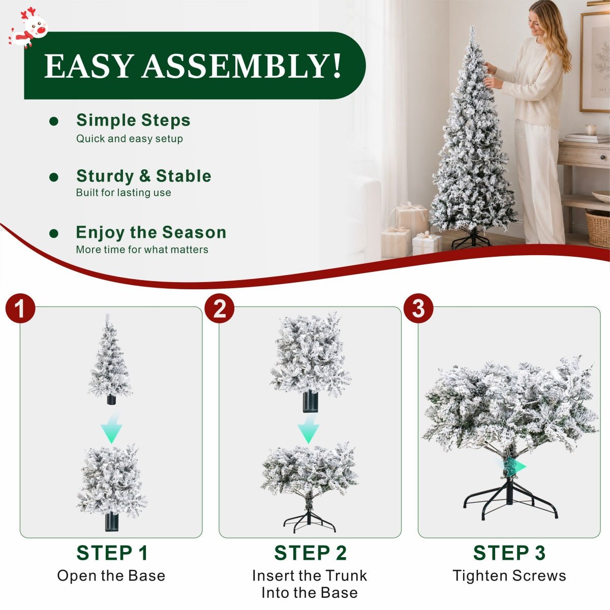 Snow Flocked Unlit Artificial Christmas Tree with Frosted PVC Branches, Full Evergreen Shape & Metal Stand – 5 FT, 6 FT & 7 FT (PAT-013) - Direct Wicker