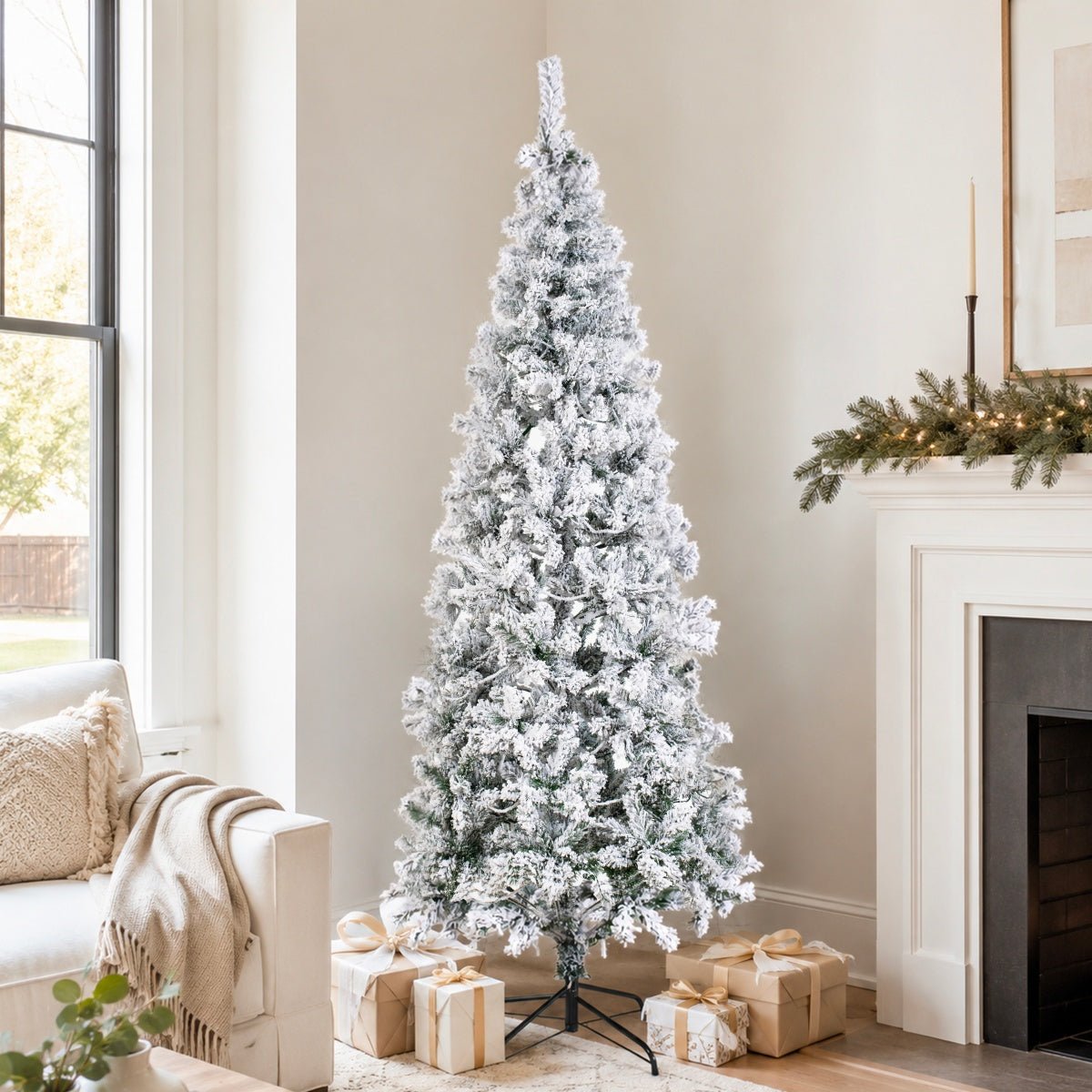Snow Flocked Unlit Artificial Christmas Tree with Frosted PVC Branches, Full Evergreen Shape & Metal Stand – 5 FT, 6 FT & 7 FT (PAT-013) - Direct Wicker