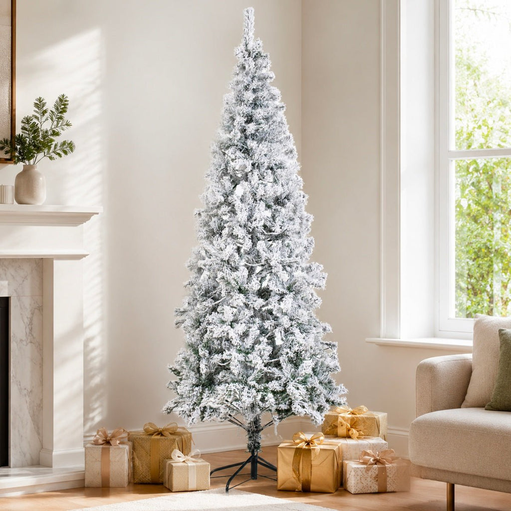 Snow Flocked Unlit Artificial Christmas Tree with Frosted PVC Branches, Full Evergreen Shape & Metal Stand – 5 FT, 6 FT & 7 FT (PAT-013) - Direct Wicker