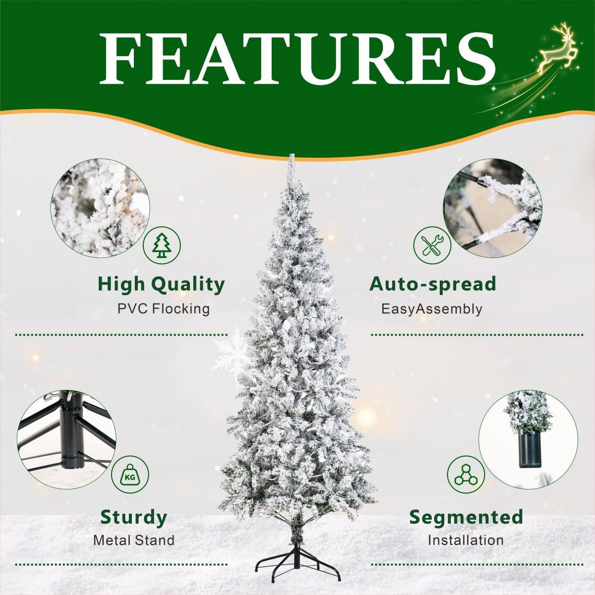 Snow Flocked Unlit Artificial Christmas Tree with Frosted PVC Branches, Full Evergreen Shape & Metal Stand – 5 FT, 6 FT & 7 FT (PAT-013) - Direct Wicker
