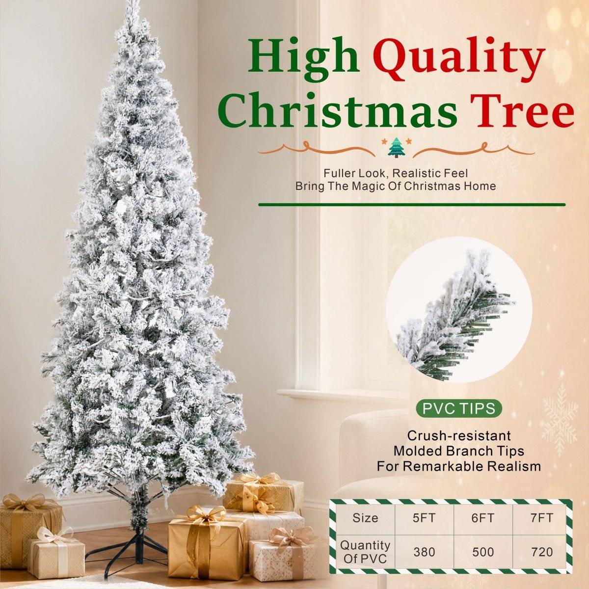 Snow Flocked Unlit Artificial Christmas Tree with Frosted PVC Branches, Full Evergreen Shape & Metal Stand – 5 FT, 6 FT & 7 FT (PAT-013) - Direct Wicker