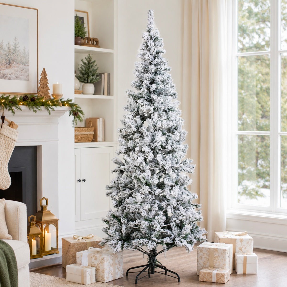 Snow Flocked Unlit Artificial Christmas Tree with Frosted PVC Branches, Full Evergreen Shape & Metal Stand – 5 FT, 6 FT & 7 FT (PAT-013) - Direct Wicker