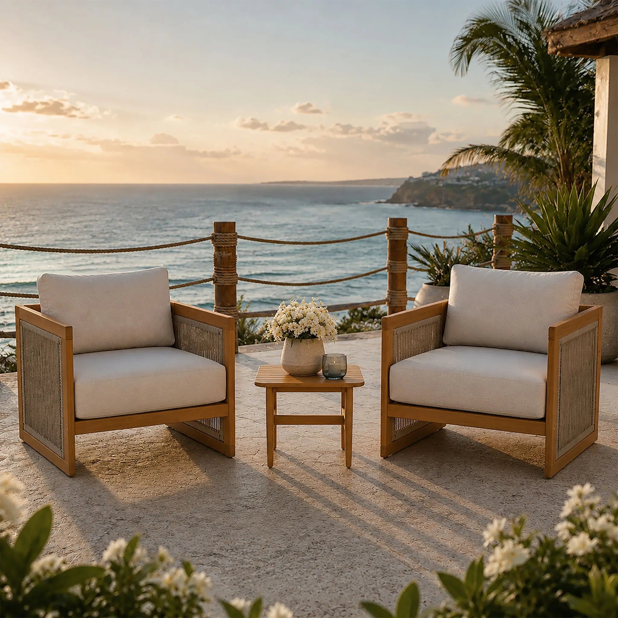 Solid Wood 2-Seat Sofa Set with Side Table (PAS-2515-SSx2+ST) - Direct Wicker