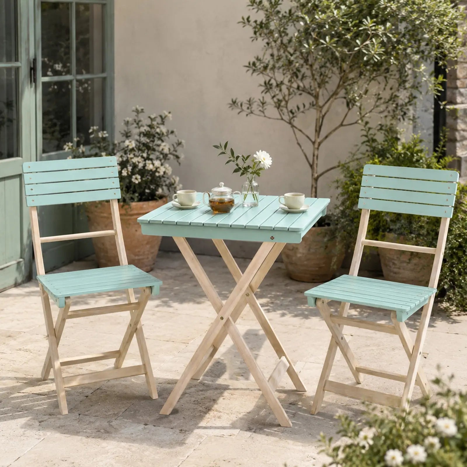 Solid Wood 3-Piece Bistro Set - Folding Chairs and Square Table for Outdoor Use (PAC-2525) - Direct Wicker
