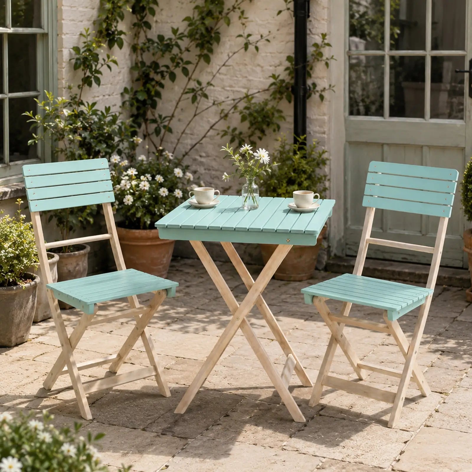 Solid Wood 3-Piece Bistro Set - Folding Chairs and Square Table for Outdoor Use (PAC-2525) - Direct Wicker