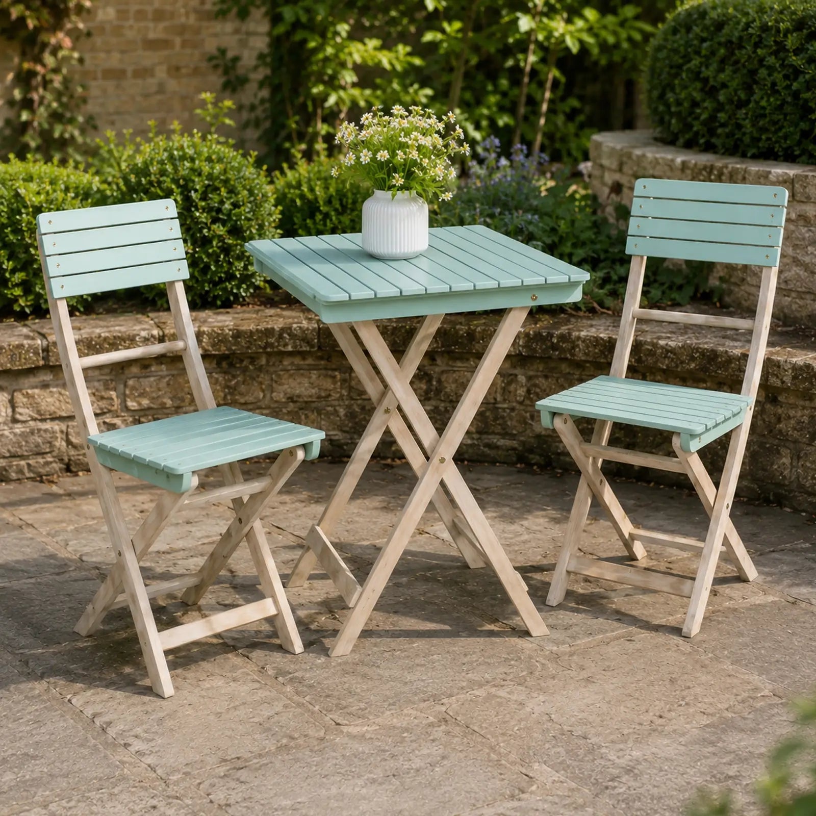 Solid Wood 3-Piece Bistro Set - Folding Chairs and Square Table for Outdoor Use (PAC-2525) - Direct Wicker