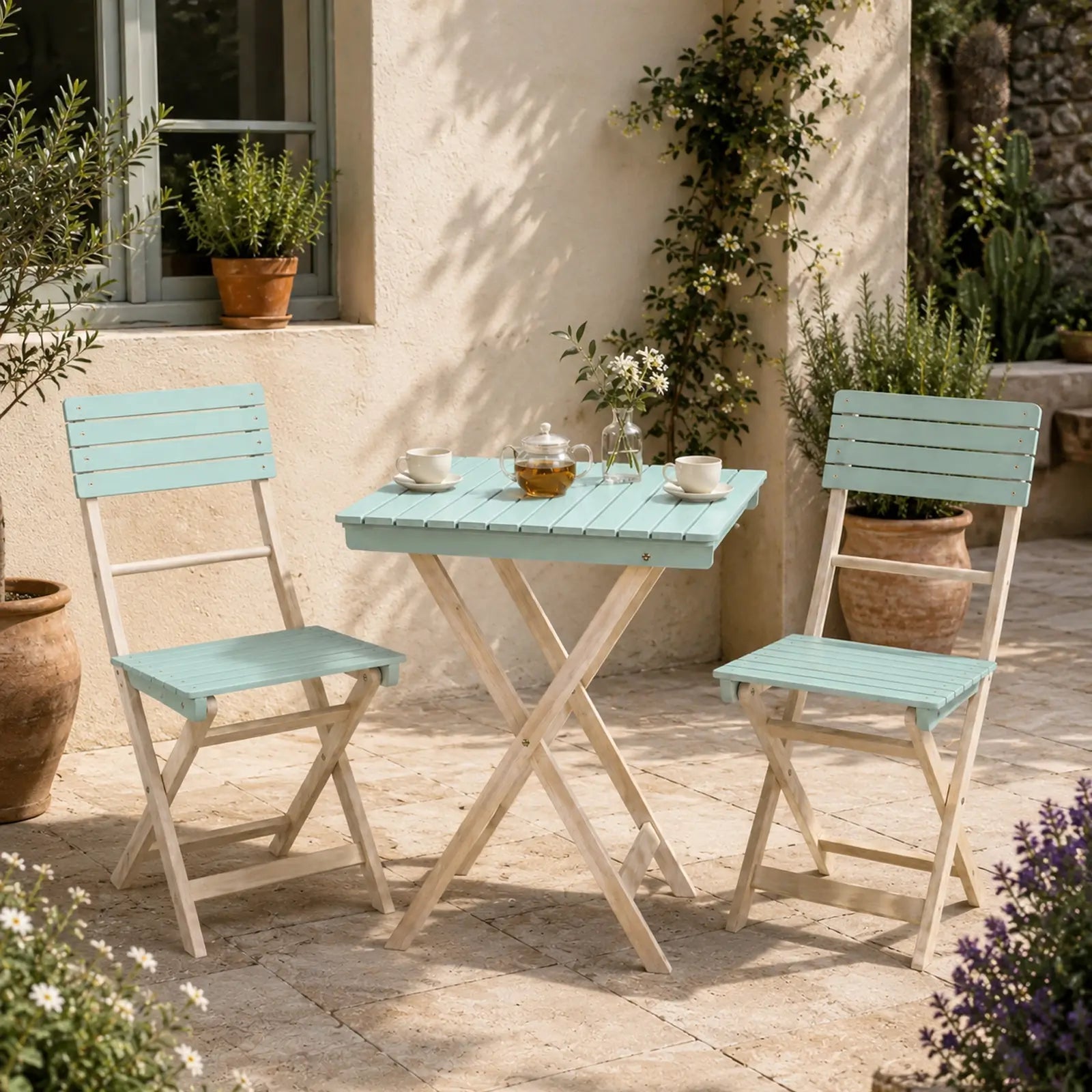 Solid Wood 3-Piece Bistro Set - Folding Chairs and Square Table for Outdoor Use (PAC-2525) - Direct Wicker