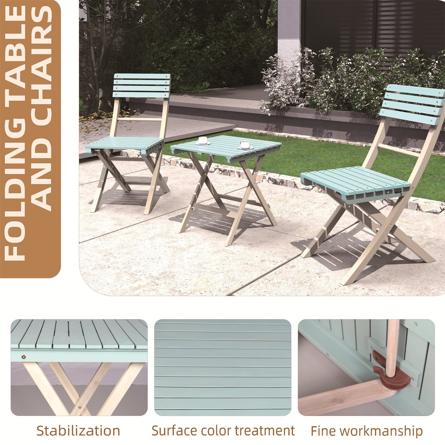 Solid Wood 3 - Piece Bistro Set – Folding Chairs and Square Table for Outdoor Use (PAC - 2525) - Direct Wicker