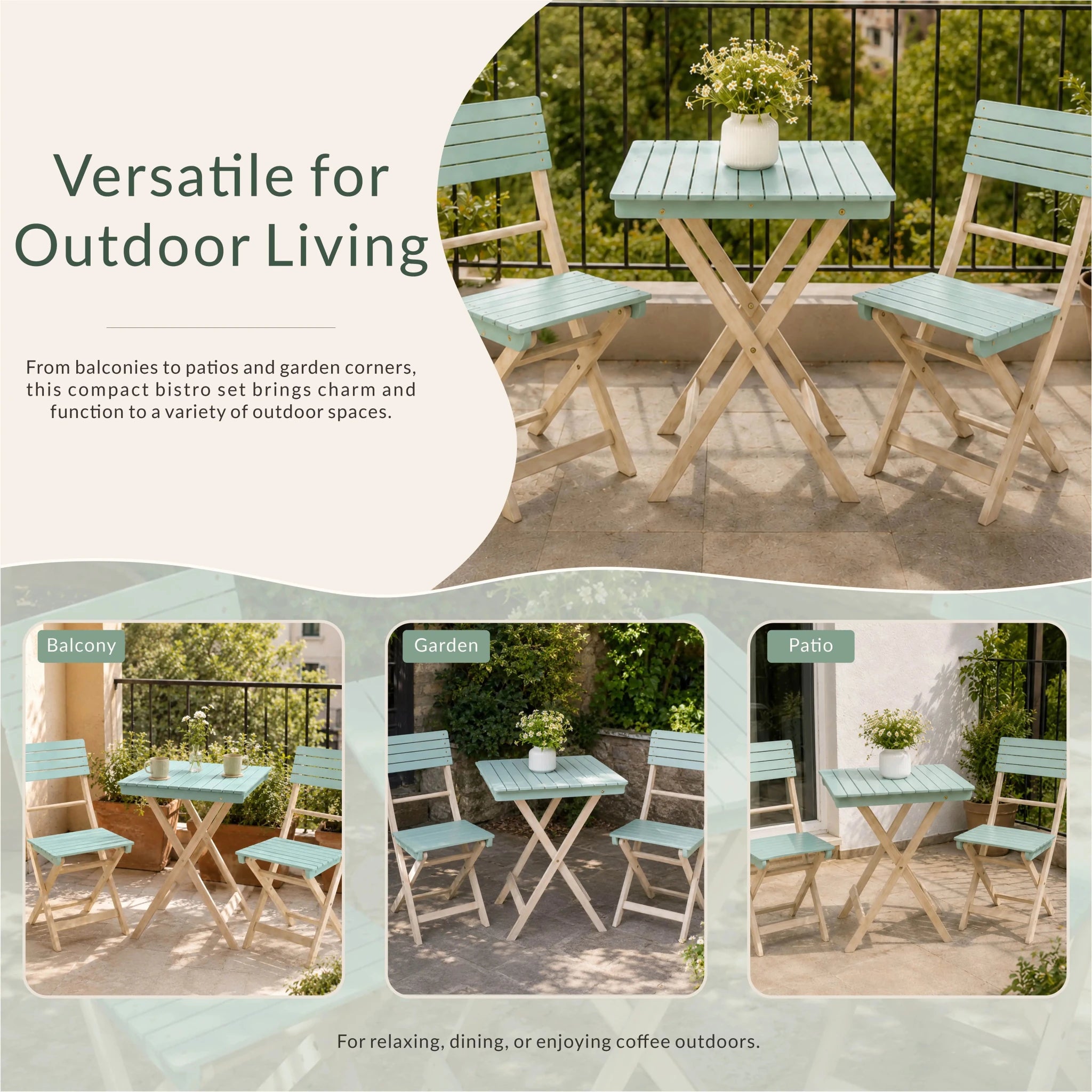 Solid Wood 3-Piece Bistro Set - Folding Chairs and Square Table for Outdoor Use (PAC-2525) - Direct Wicker