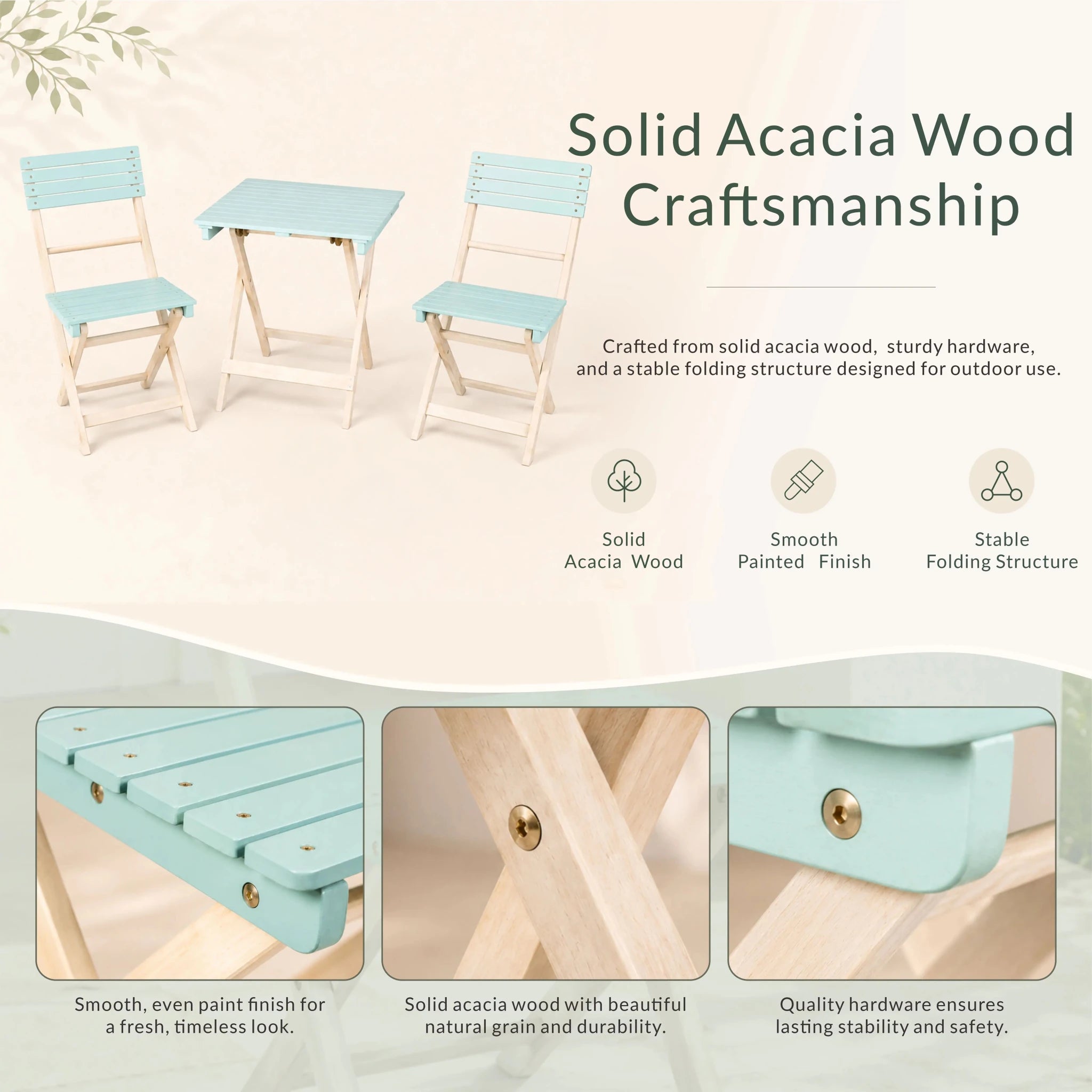 Solid Wood 3-Piece Bistro Set - Folding Chairs and Square Table for Outdoor Use (PAC-2525) - Direct Wicker