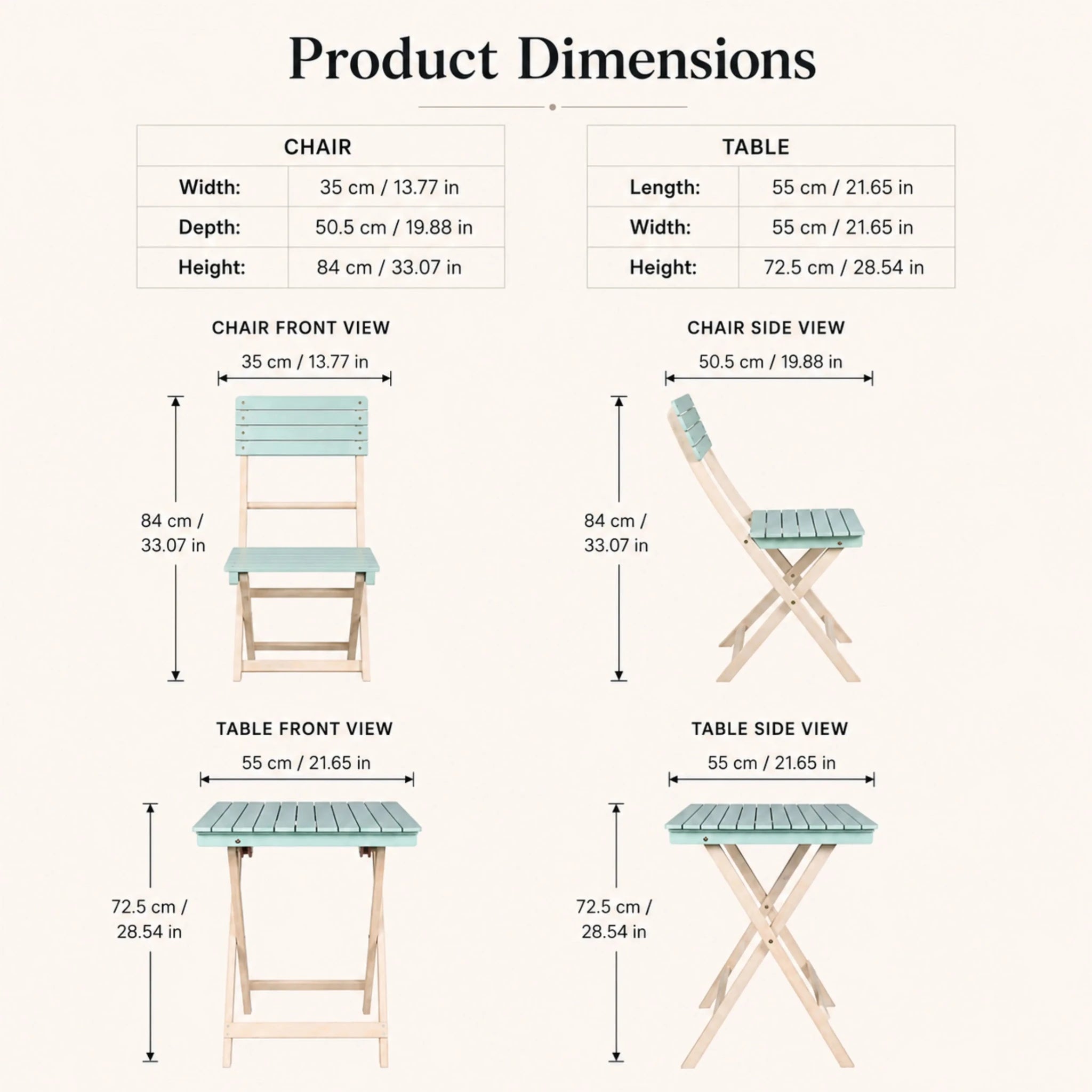 Solid Wood 3-Piece Bistro Set - Folding Chairs and Square Table for Outdoor Use (PAC-2525) - Direct Wicker