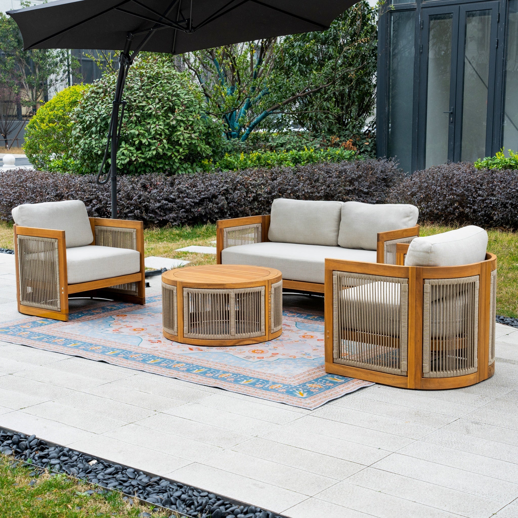 Solid Wood 4 - Seater Sofa Set with Round Coffee Table (PAS - 2515 - 2SS+SSx2+RTA) - Direct Wicker