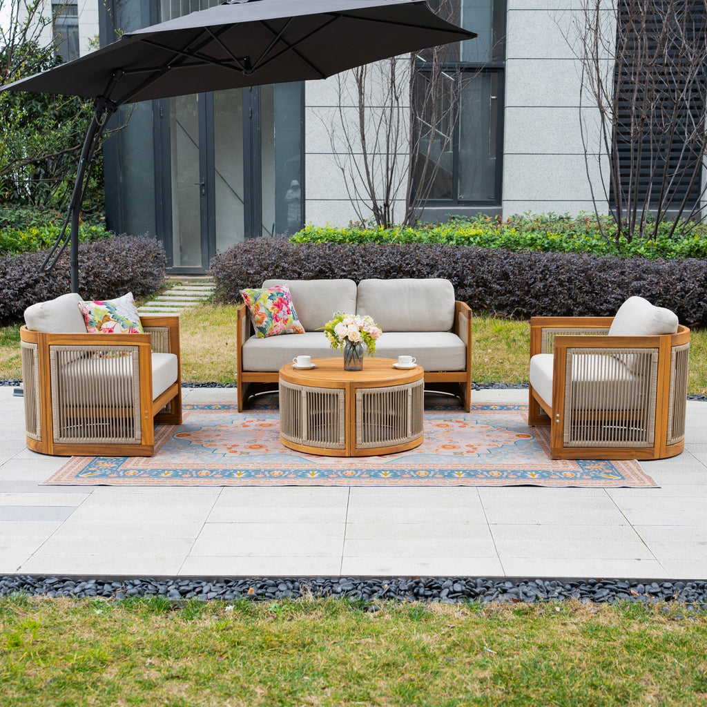 Solid Wood 4 - Seater Sofa Set with Round Coffee Table (PAS - 2515 - 2SS+SSx2+RTA) - Direct Wicker