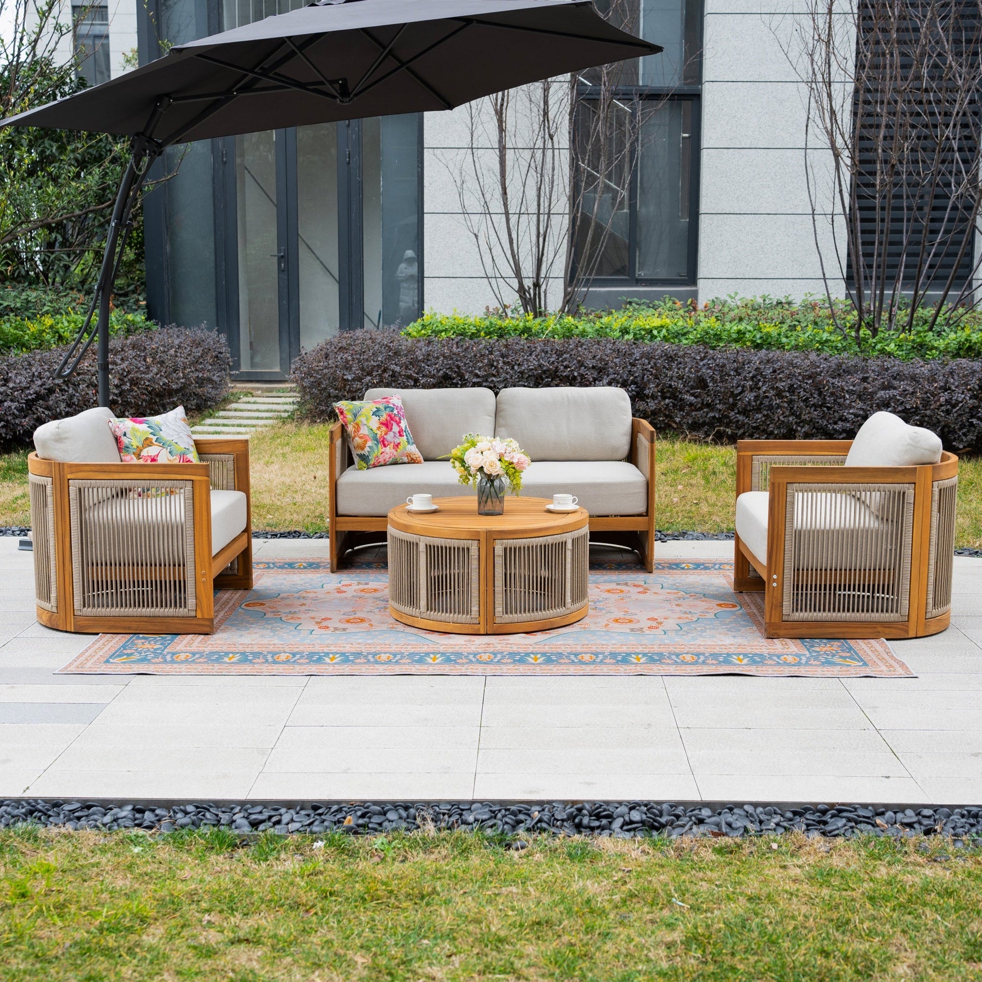 Solid Wood 4 - Seater Sofa Set with Round Coffee Table (PAS - 2515 - 2SS+SSx2+RTA) - Direct Wicker