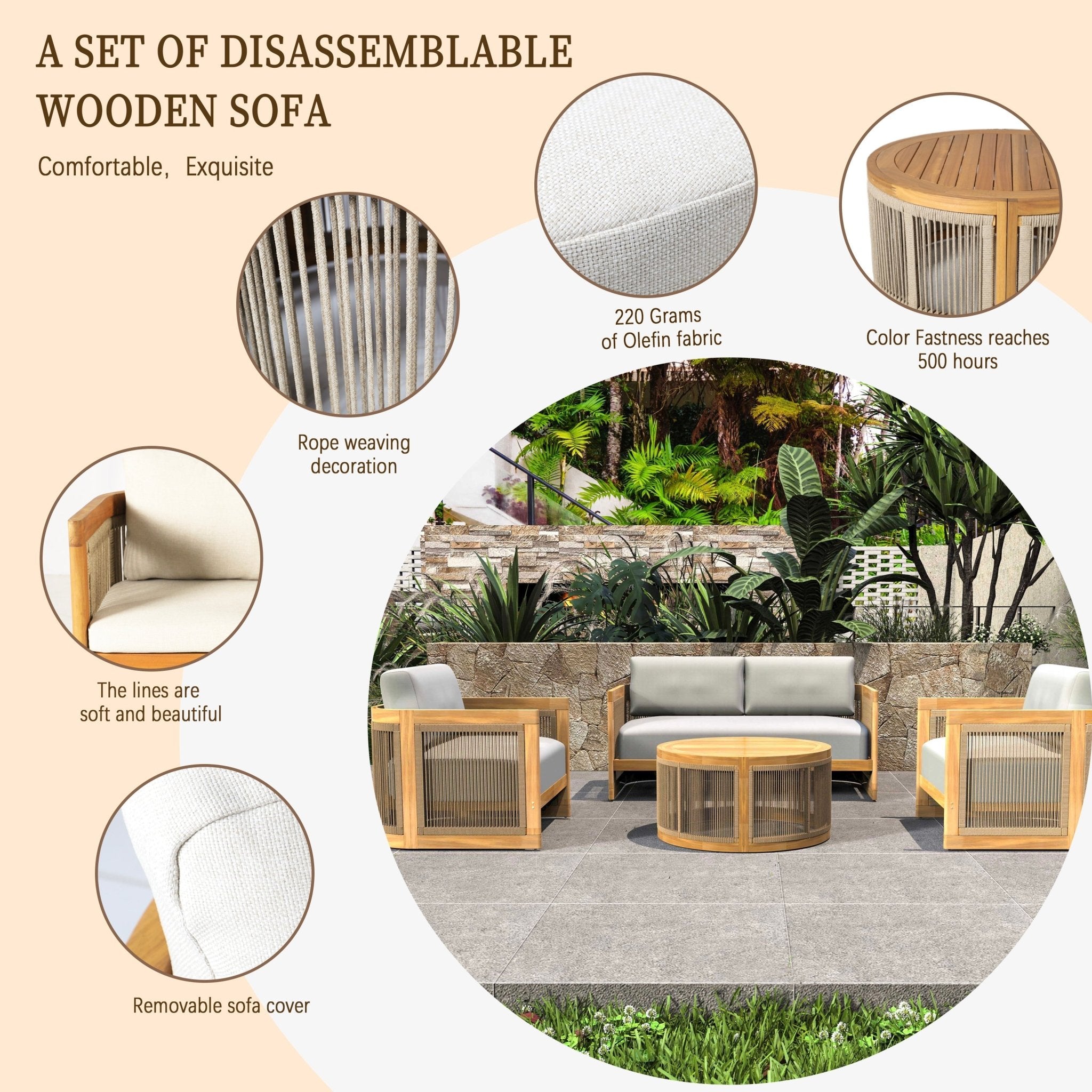 Solid Wood 4 - Seater Sofa Set with Round Coffee Table (PAS - 2515 - 2SS+SSx2+RTA) - Direct Wicker