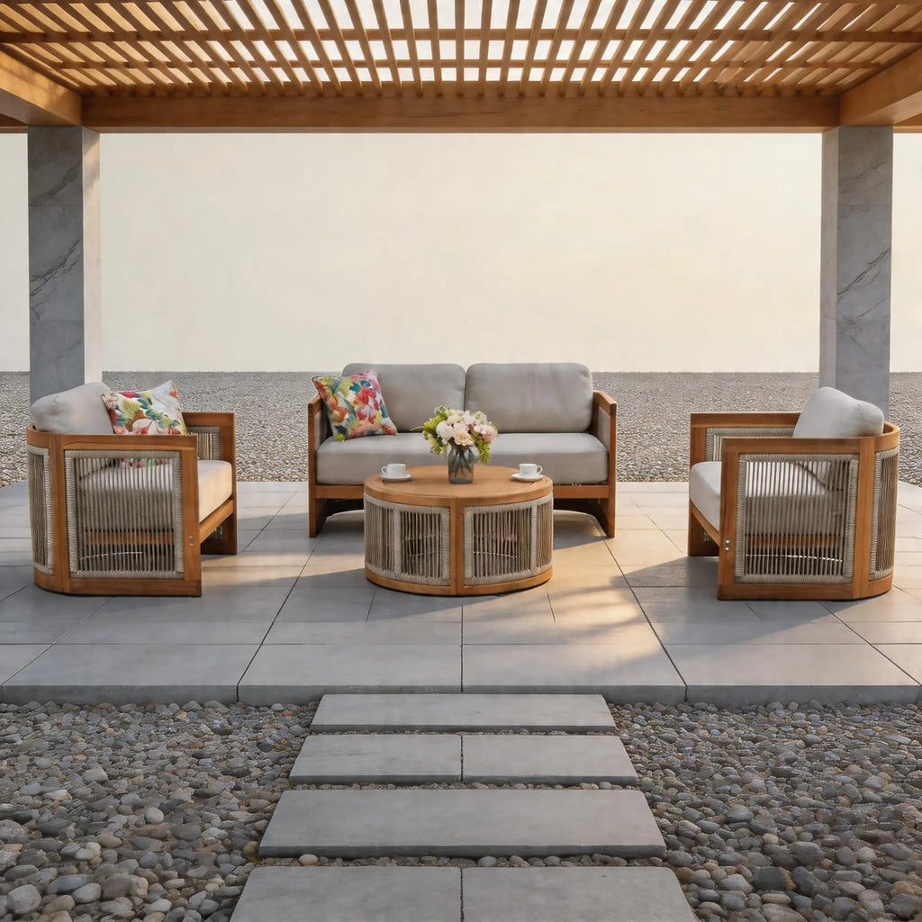 Solid Wood 4 - Seater Sofa Set with Round Coffee Table (PAS - 2515 - 2SS+SSx2+RTA) - Direct Wicker