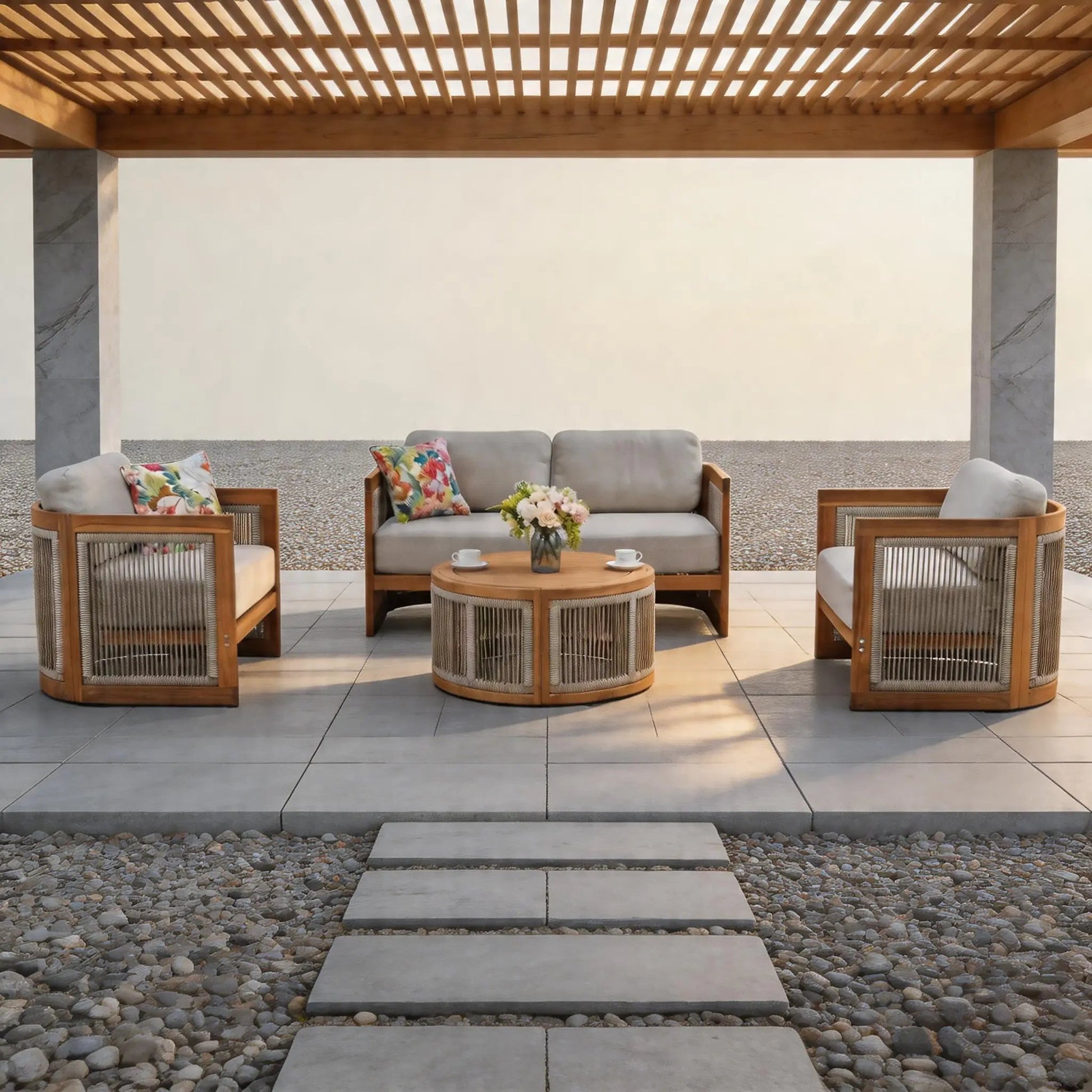 Solid Wood 4 - Seater Sofa Set with Round Coffee Table (PAS - 2515 - 2SS+SSx2+RTA) - Direct Wicker