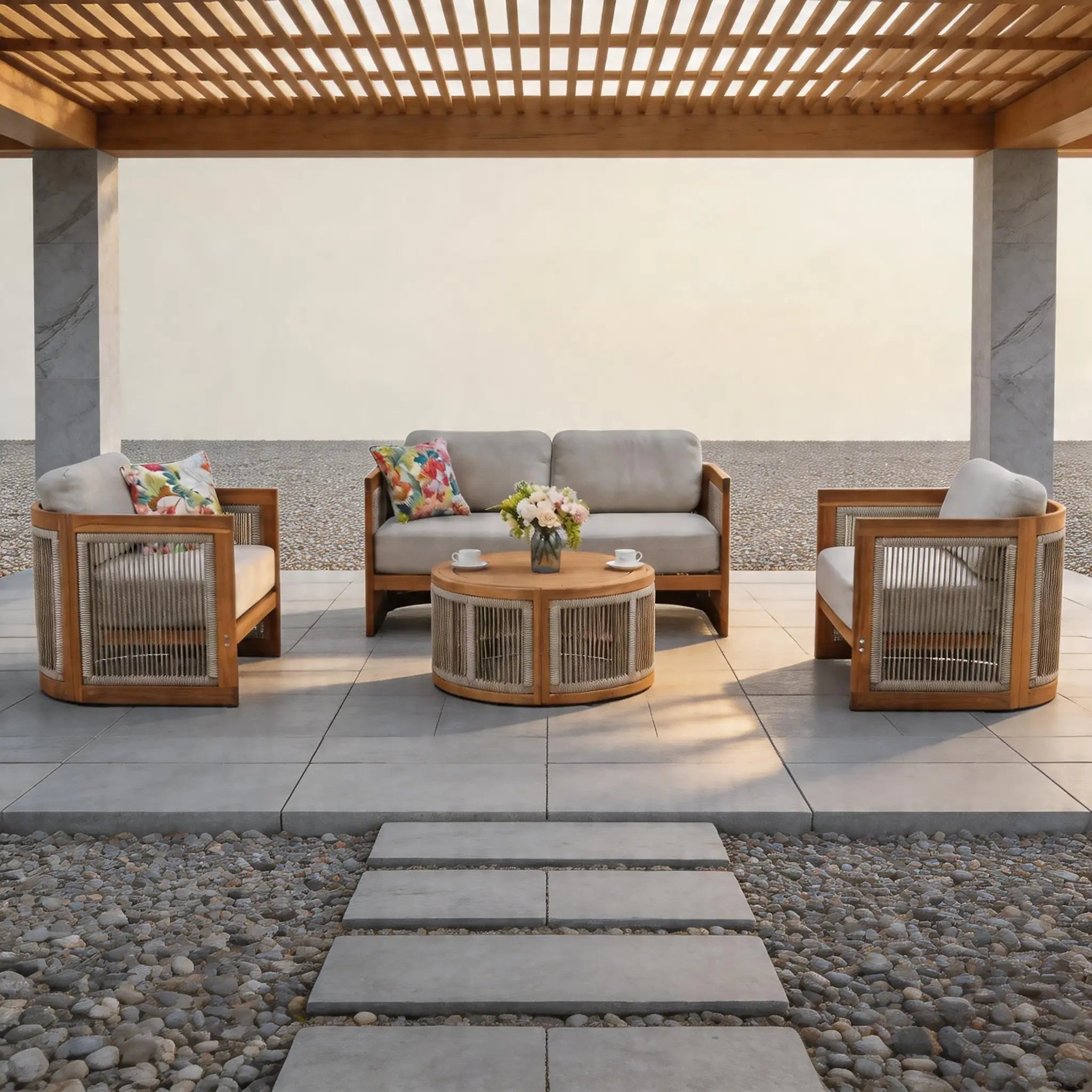 Solid Wood 4 - Seater Sofa Set with Round Coffee Table (PAS - 2515 - 2SS+SSx2+RTA) - Direct Wicker