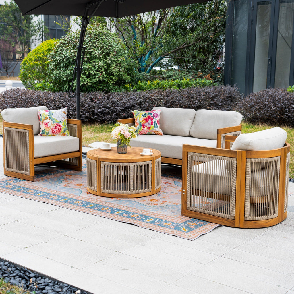 Solid Wood 4 - Seater Sofa Set with Round Coffee Table (PAS - 2515 - 2SS+SSx2+RTA) - Direct Wicker