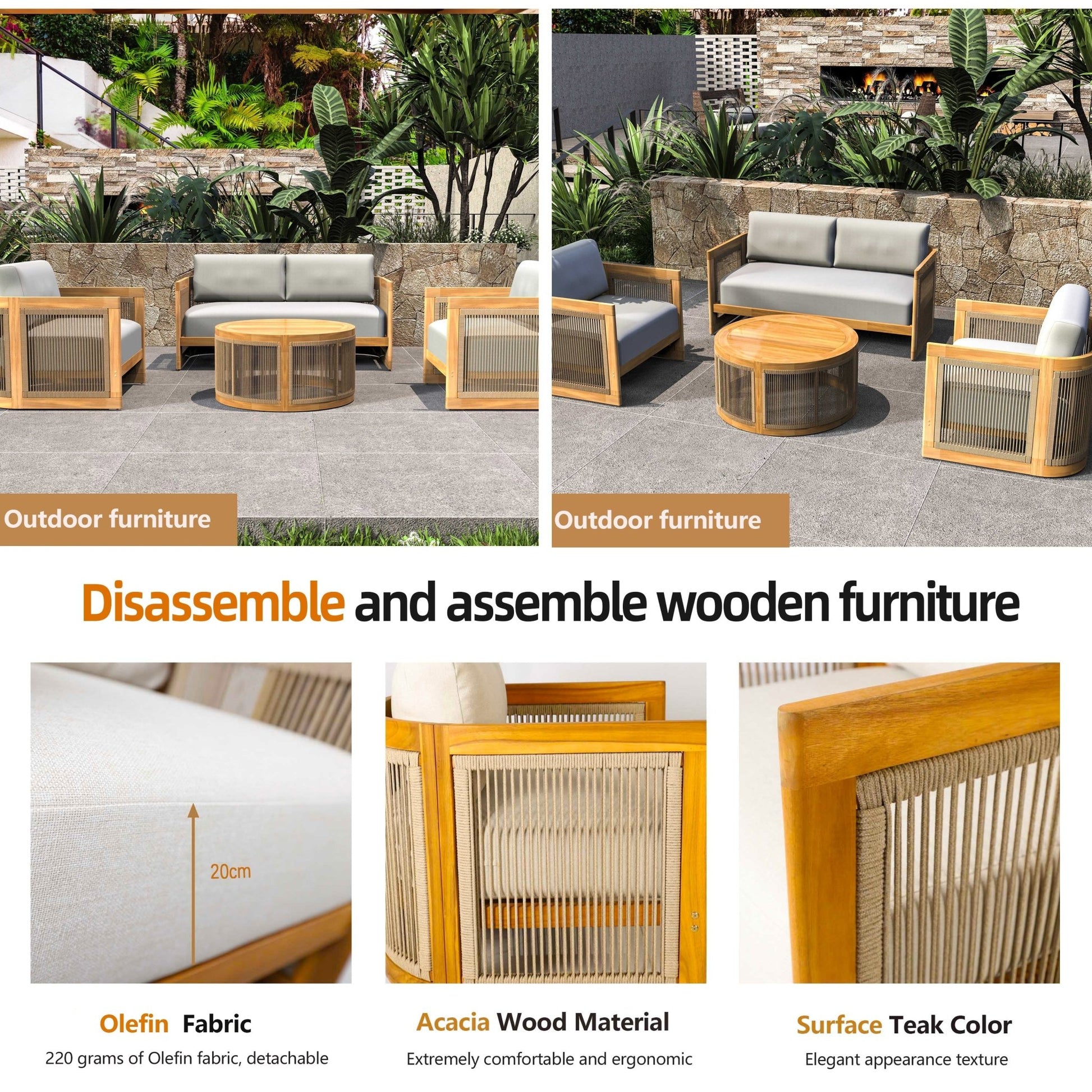 Solid Wood 4 - Seater Sofa Set with Round Coffee Table (PAS - 2515 - 2SS+SSx2+RTA) - Direct Wicker