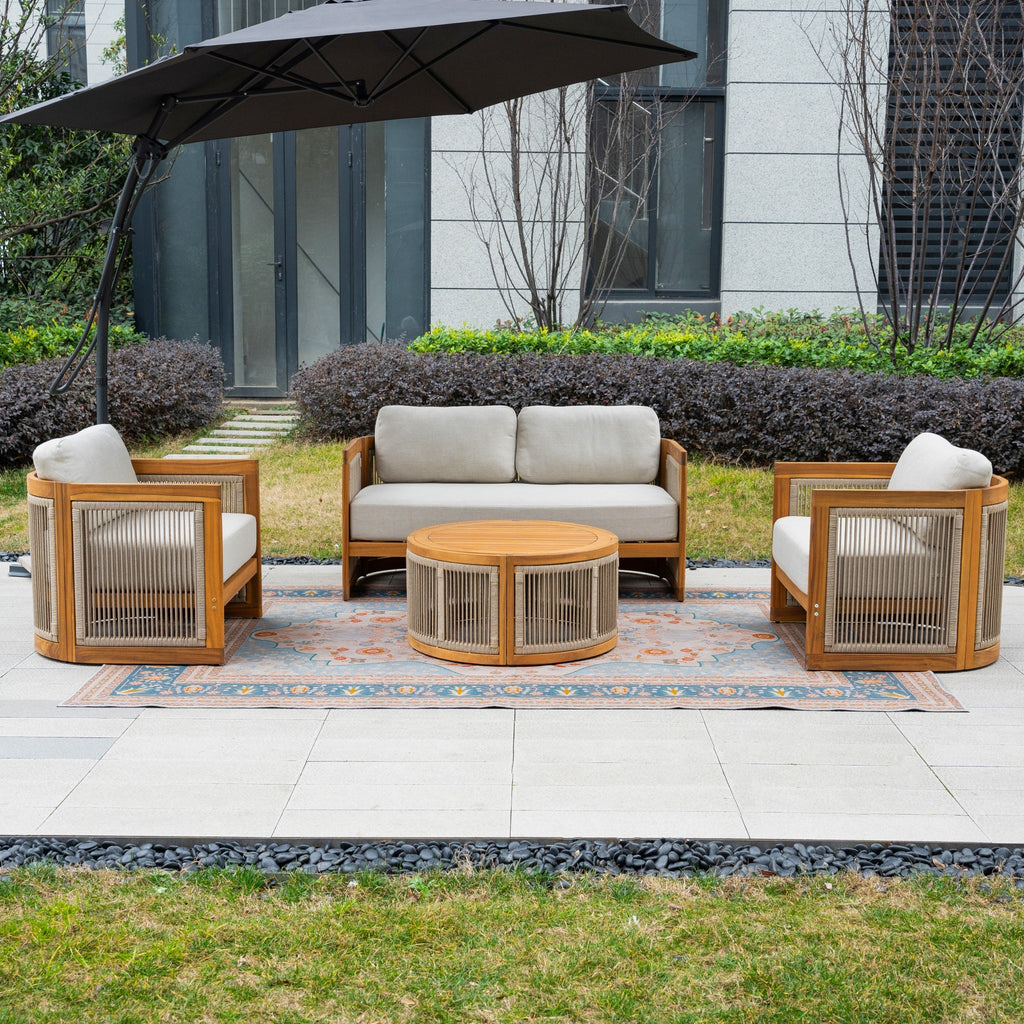 Solid Wood 4 - Seater Sofa Set with Round Coffee Table (PAS - 2515 - 2SS+SSx2+RTA) - Direct Wicker