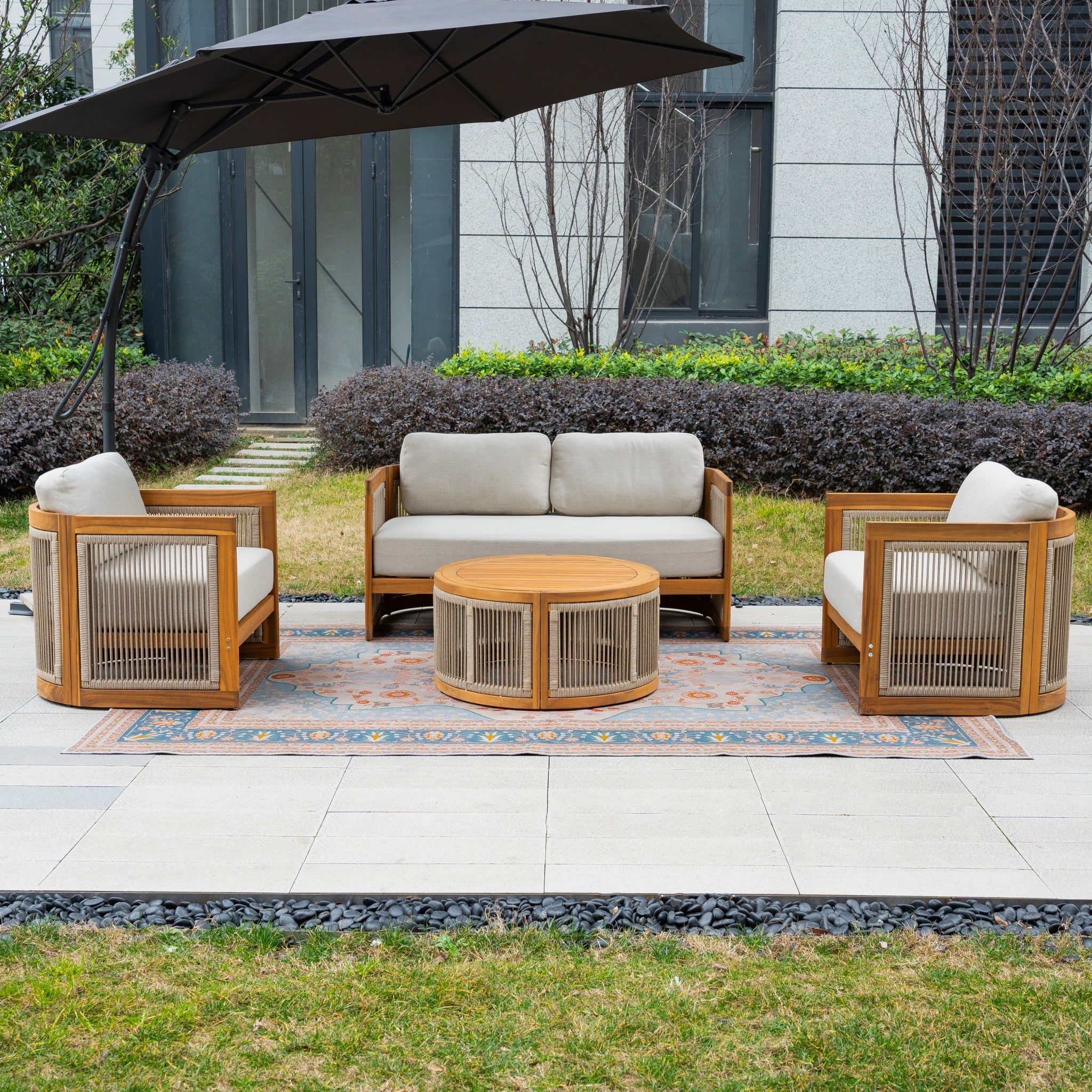 Solid Wood 4 - Seater Sofa Set with Round Coffee Table (PAS - 2515 - 2SS+SSx2+RTA) - Direct Wicker