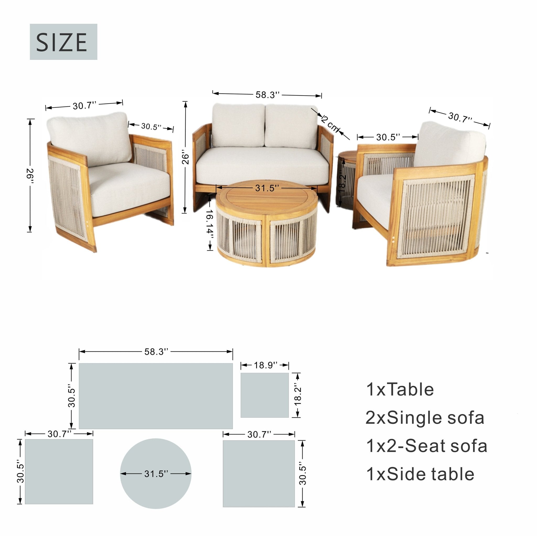 Solid Wood 4 - Seater Sofa Set with Round Coffee Table (PAS - 2515 - 2SS+SSx2+RTA) - Direct Wicker