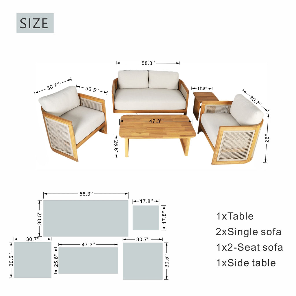 Solid Wood 4 - Seater Sofa Set with Side Table and Coffee Table (PAS - 2515 - 2SS+SSx2+ST+TA) - Direct Wicker