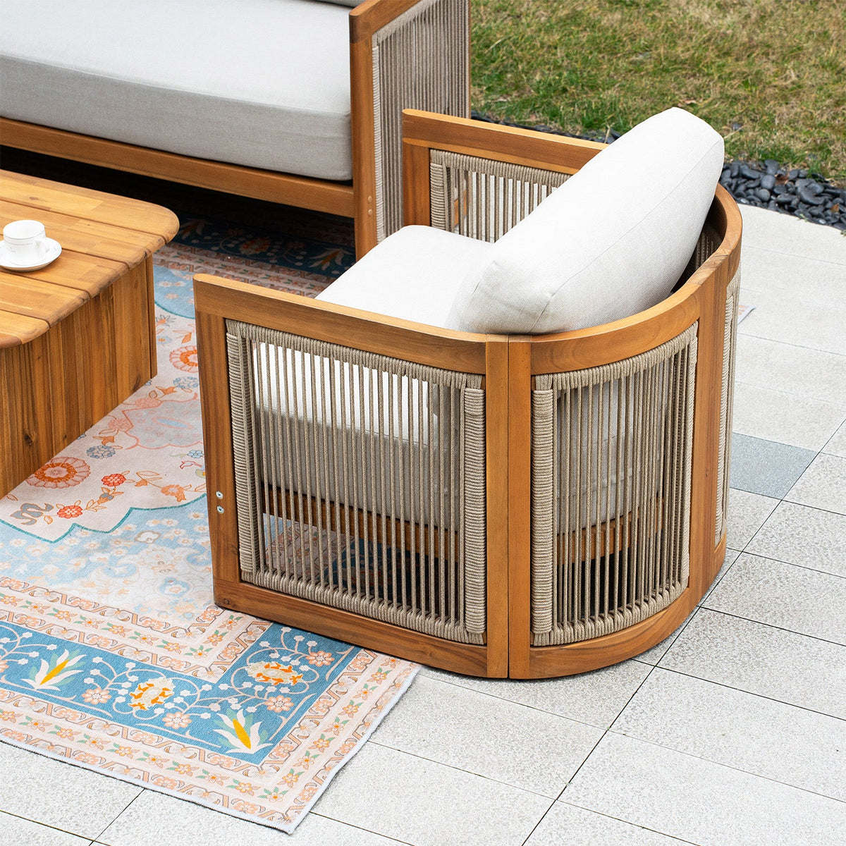 Solid Wood 4 - Seater Sofa Set with Side Table and Coffee Table (PAS - 2515 - 2SS+SSx2+ST+TA) - Direct Wicker