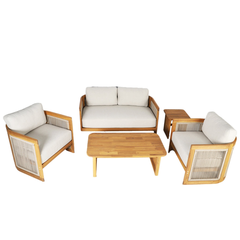 Solid Wood 4 - Seater Sofa Set with Side Table and Coffee Table (PAS - 2515 - 2SS+SSx2+ST+TA) - Direct Wicker