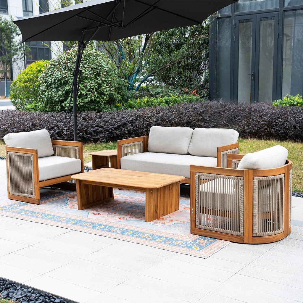 Solid Wood 4 - Seater Sofa Set with Side Table and Coffee Table (PAS - 2515 - 2SS+SSx2+ST+TA) - Direct Wicker