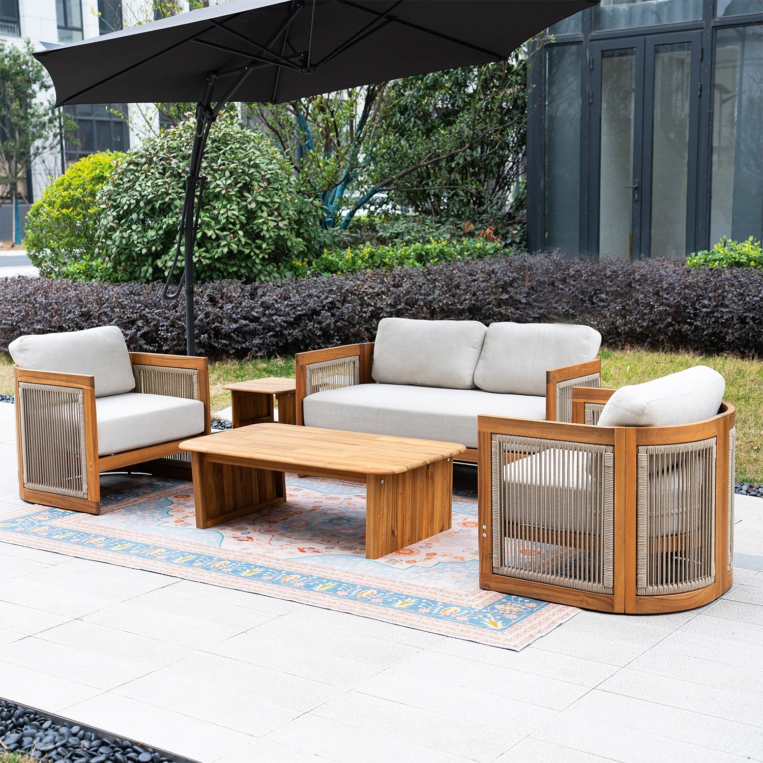 Solid Wood 4 - Seater Sofa Set with Side Table and Coffee Table (PAS - 2515 - 2SS+SSx2+ST+TA) - Direct Wicker
