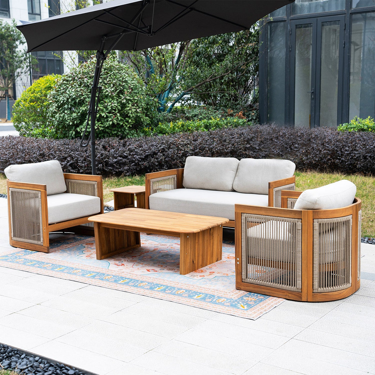 Solid Wood 4 - Seater Sofa Set with Side Table and Coffee Table (PAS - 2515 - 2SS+SSx2+ST+TA) - Direct Wicker