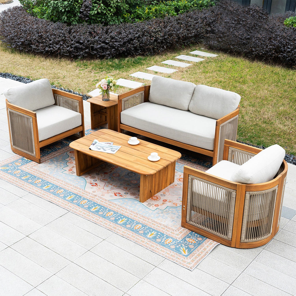 Solid Wood 4 - Seater Sofa Set with Side Table and Coffee Table (PAS - 2515 - 2SS+SSx2+ST+TA) - Direct Wicker