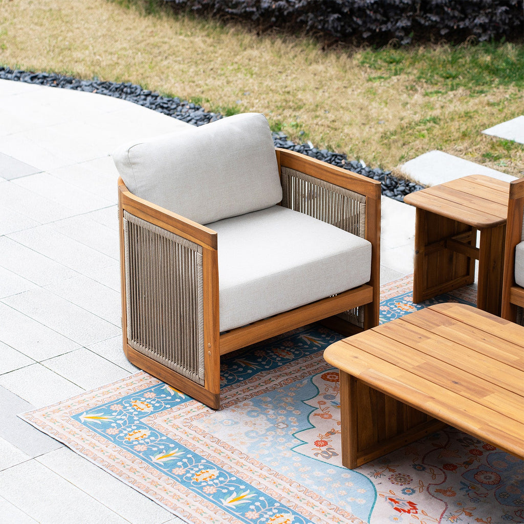 Solid Wood 4 - Seater Sofa Set with Side Table and Coffee Table (PAS - 2515 - 2SS+SSx2+ST+TA) - Direct Wicker