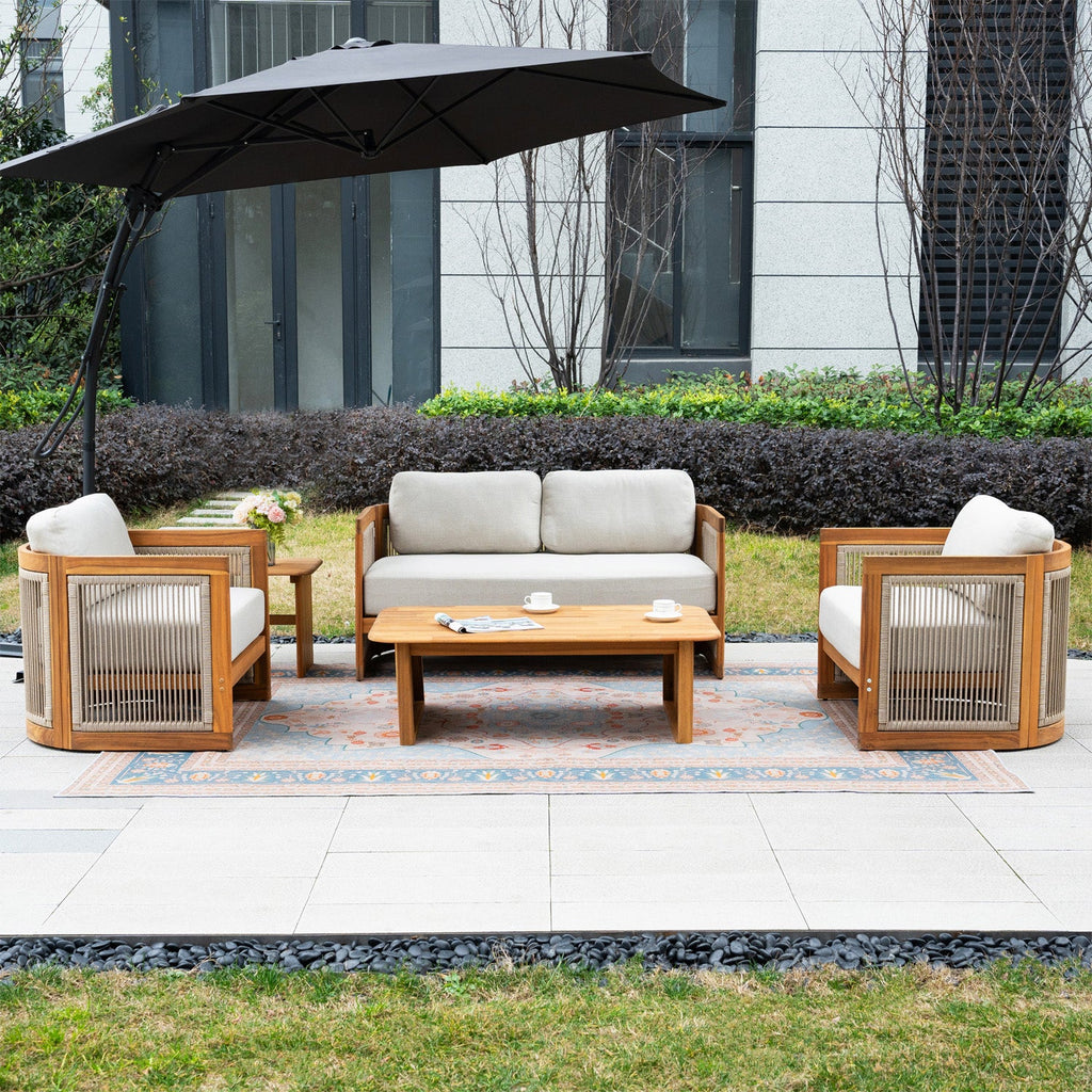 Solid Wood 4 - Seater Sofa Set with Side Table and Coffee Table (PAS - 2515 - 2SS+SSx2+ST+TA) - Direct Wicker