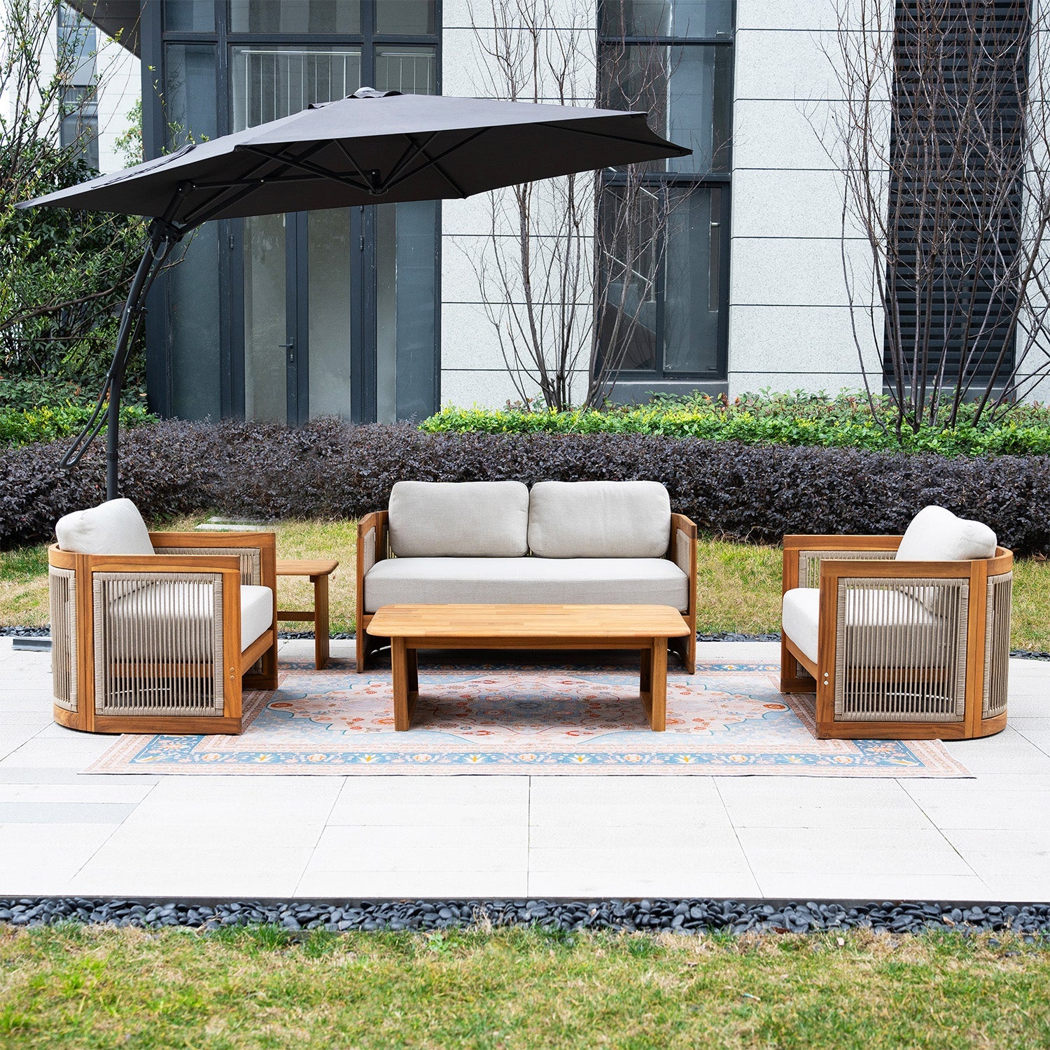 Solid Wood 4 - Seater Sofa Set with Side Table and Coffee Table (PAS - 2515 - 2SS+SSx2+ST+TA) - Direct Wicker