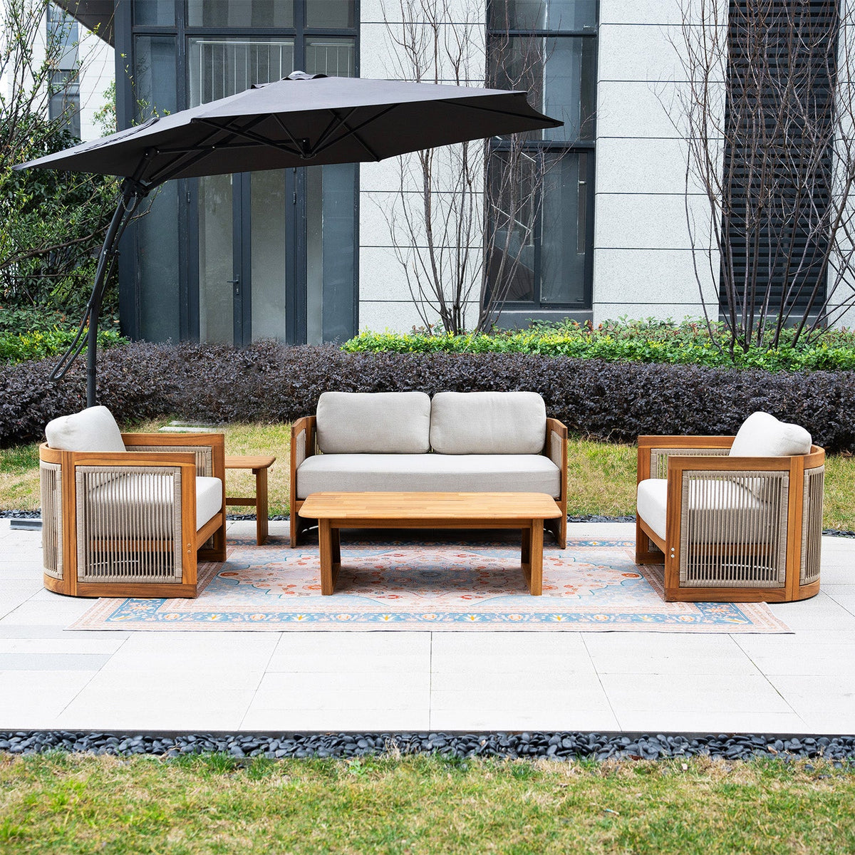 Solid Wood 4 - Seater Sofa Set with Side Table and Coffee Table (PAS - 2515 - 2SS+SSx2+ST+TA) - Direct Wicker