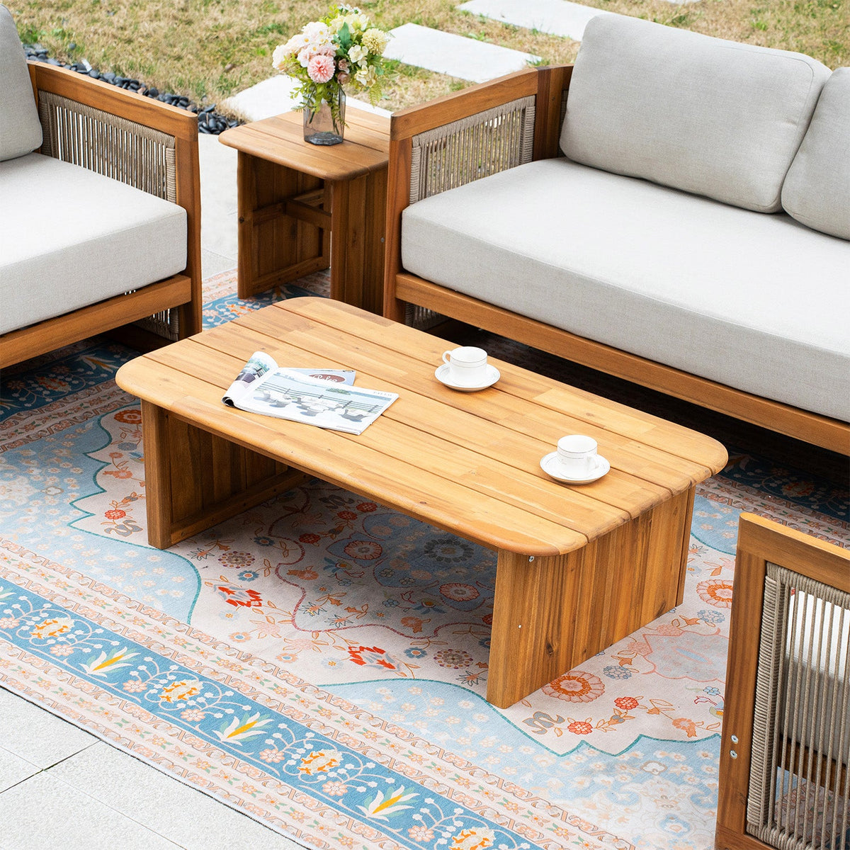 Solid Wood 4 - Seater Sofa Set with Side Table and Coffee Table (PAS - 2515 - 2SS+SSx2+ST+TA) - Direct Wicker