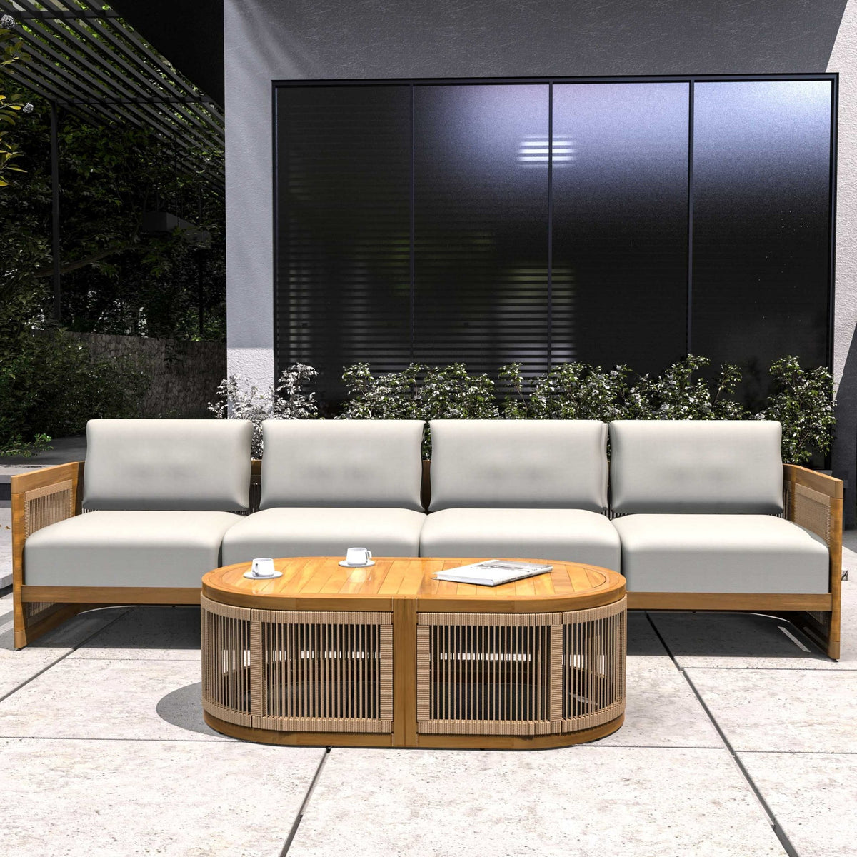 Solid Wood 4-Seater Sofa with Oval Coffee Table (PAS-2516-LS+RS+OTA) - Direct Wicker