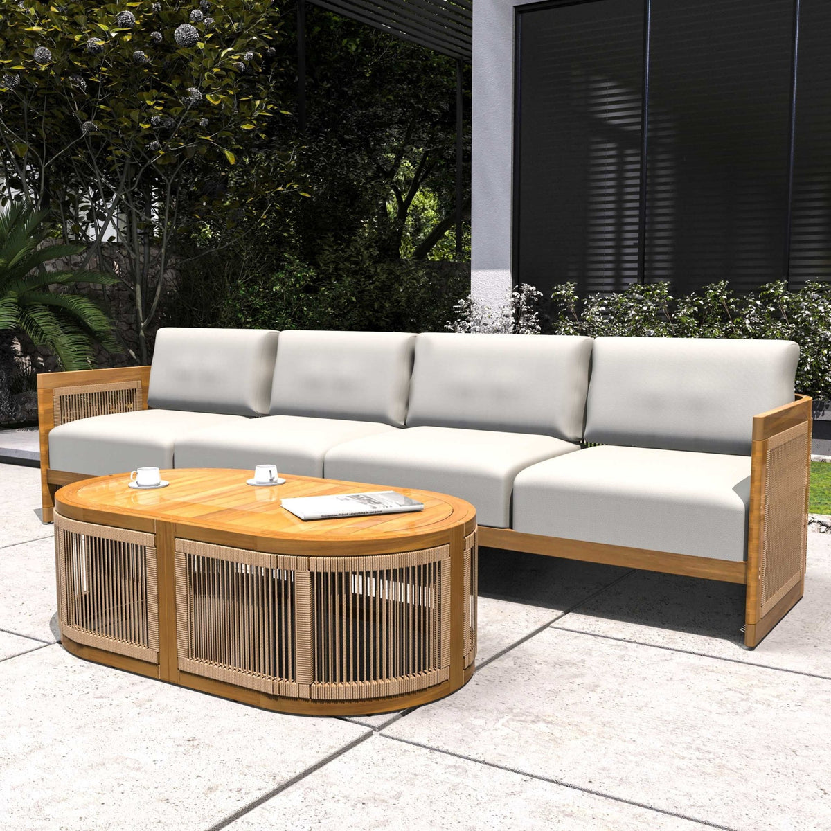 Solid Wood 4-Seater Sofa with Oval Coffee Table (PAS-2516-LS+RS+OTA) - Direct Wicker